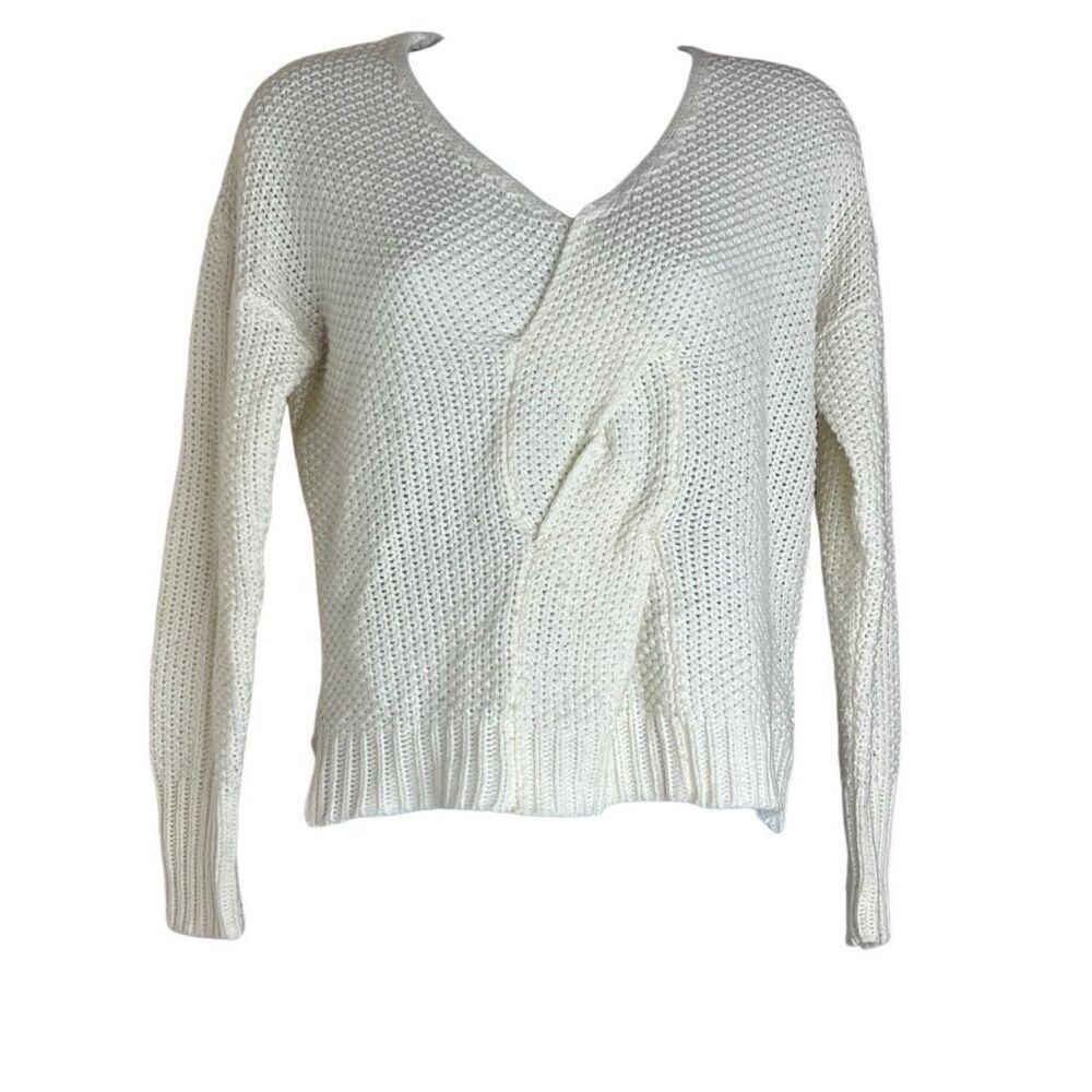 Anthropologie Moon & Meadow XS White Twist Front Sweater‎ VNeck Long Sleeve Cozy